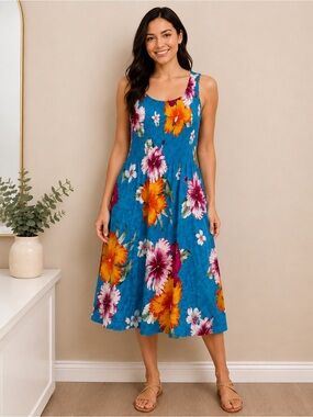 Hibiscus Collection Hawaii Blue Floral Smocked Midi Dress US 4